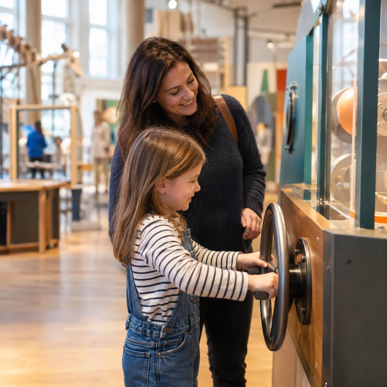 A parent and child exploring a hands-on museum exhibit together.