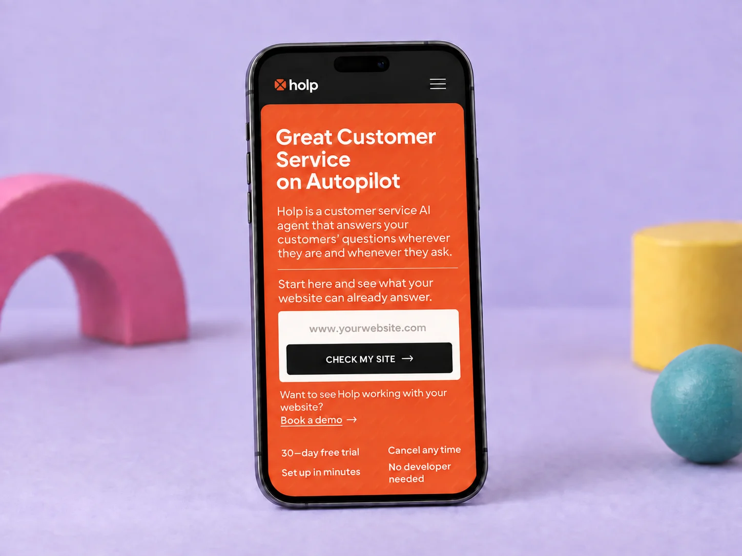 The Holp customer service AI website displayed on a mobile phone.